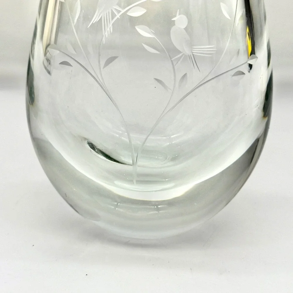 Vintage Art Glass Vase Medium Clear Mid-Century Etched Birds Heavy Base